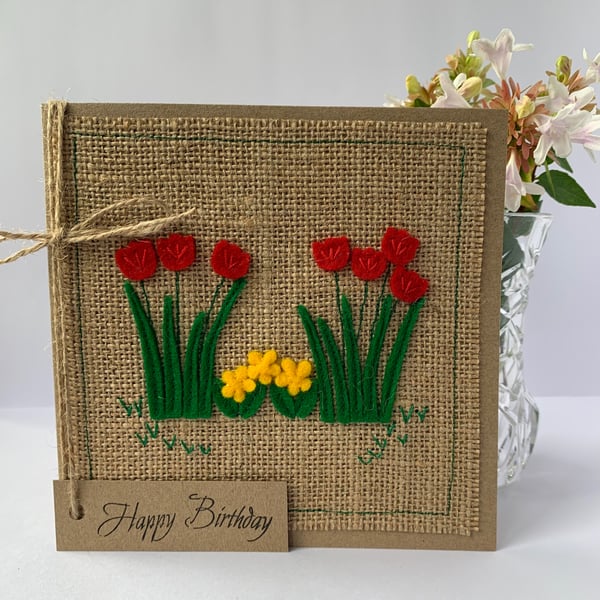 Handmade Birthday Card. Yellow and red flowers. Keepsake card. Wool felt.