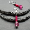 Quartz,Agate and Haematite Deep Pink Drop Earrings Silver Plate