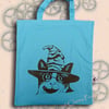 Harry Potter Cat Tote Bag Animal Linocut Hand Printed Blue Shopping