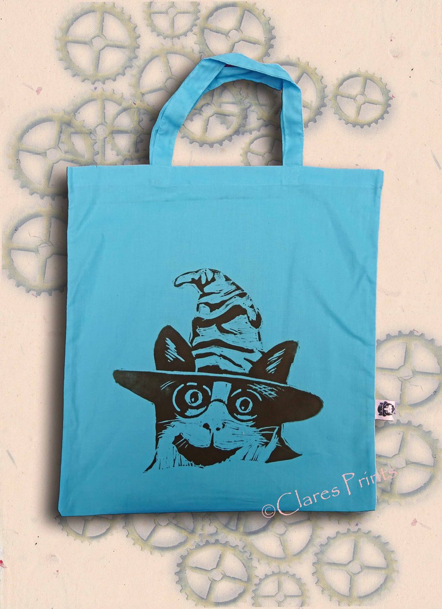 Harry Potter Cat Tote Bag Animal Linocut Hand Printed Blue Shopping