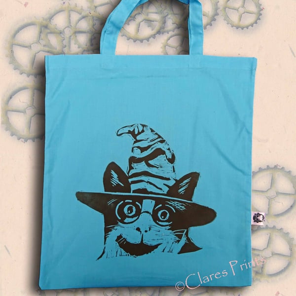 Harry Potter Cat Tote Bag Animal Linocut Hand Printed Blue Shopping