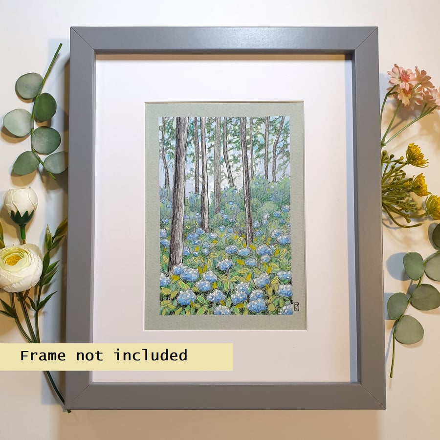 Little woodland with blue hydrangea, small original landscape drawing, wall art