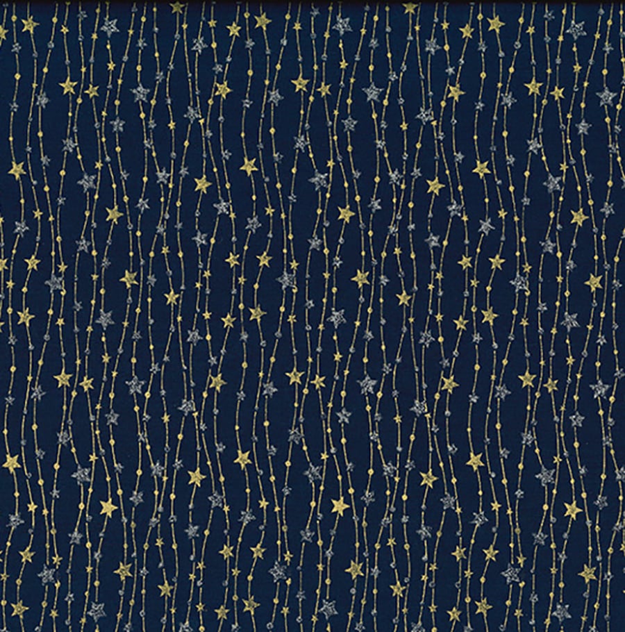 Christmas Fabric Gold Silver Glitter Stars Navy Cotton Craft Fabric - 1 Metre