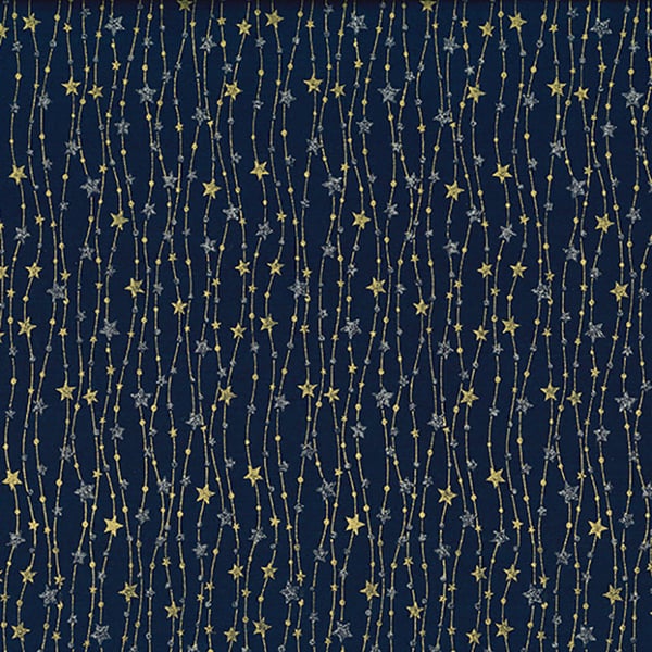 Christmas Fabric Gold Silver Glitter Stars Navy Cotton Craft Fabric - 1 Metre