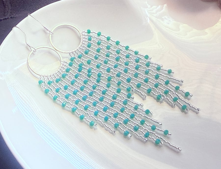 Turquoise and crystal beaded fringe earrings