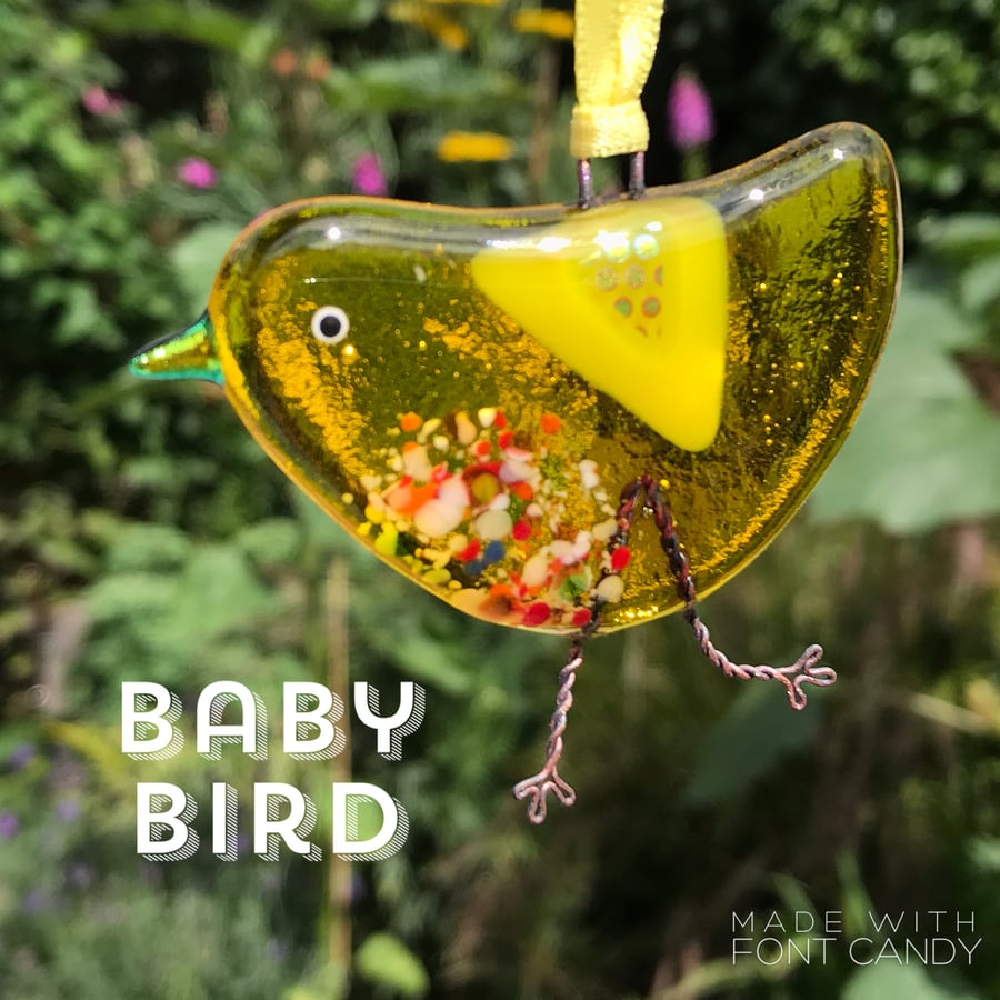 Yellow fused glass BABY bird
