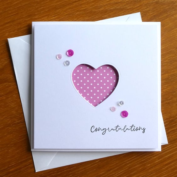 Congratulations Card - Bright Pink and White Polka Dot Heart Aperture