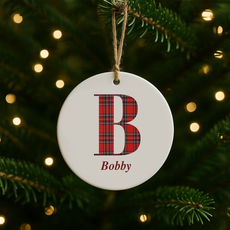 Personalised Tartan Monogram Christmas Bauble – Name & Initial Ceramic Ornament 