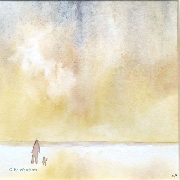 Last walk of the day dog walking at the beach original watercolour painting