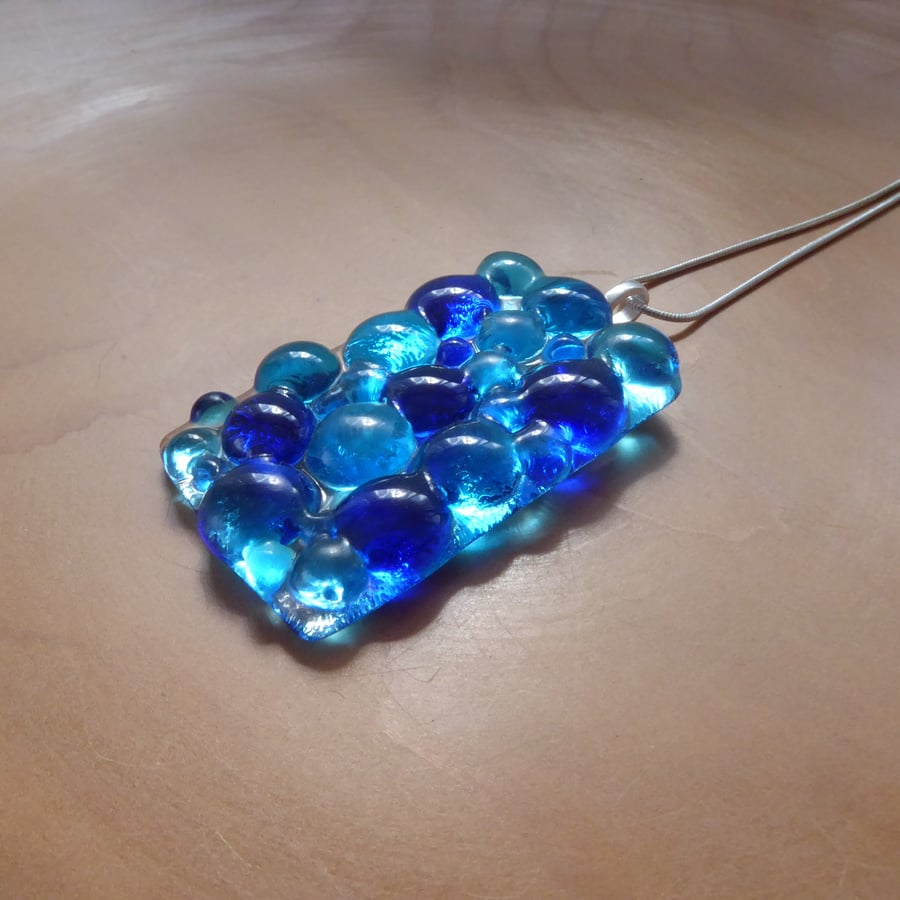 Blue bubbles fused glass pendant necklace