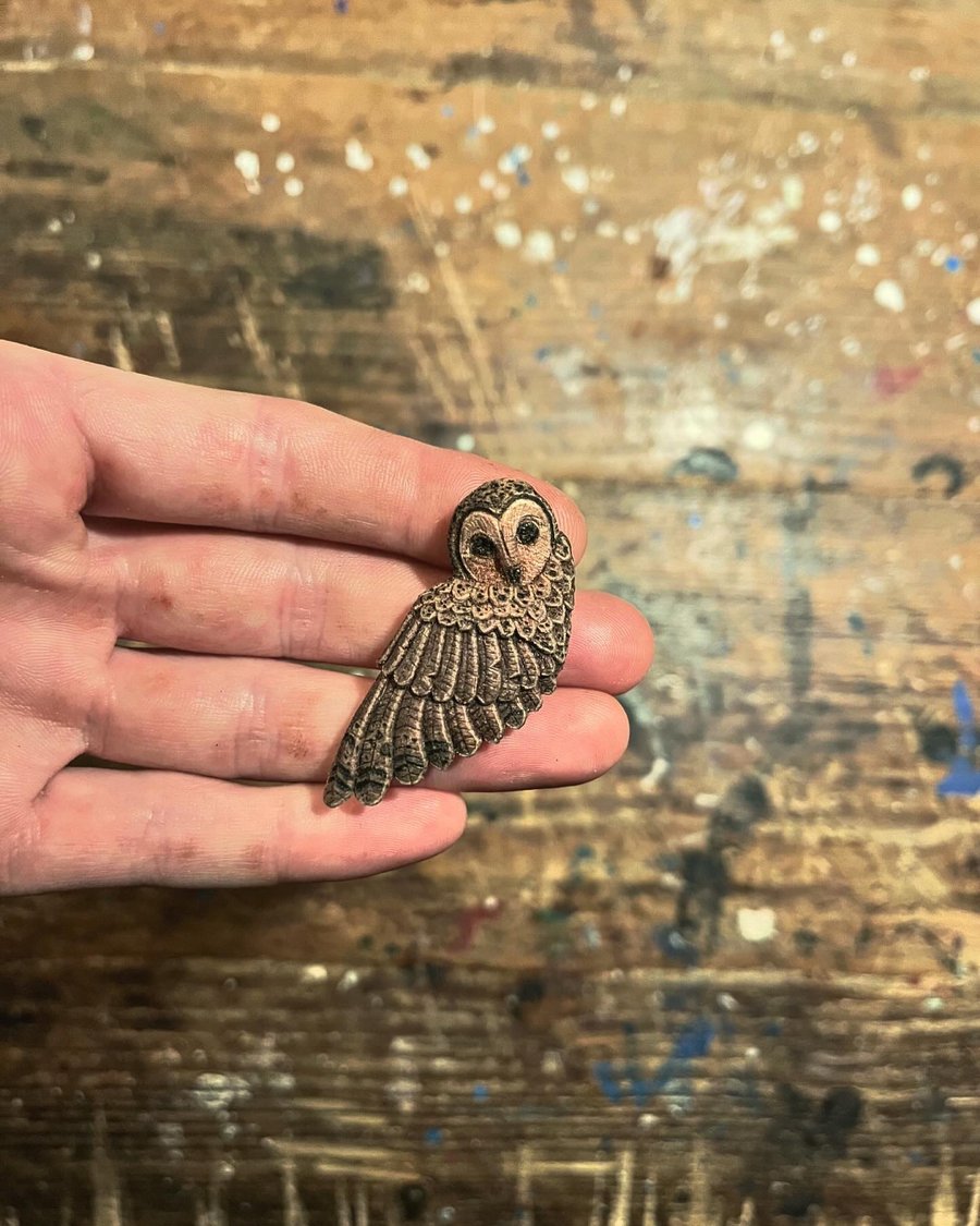 Hand Carved Owl Brooch Pin