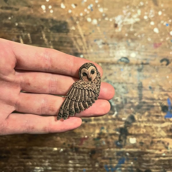 Hand Carved Owl Brooch Pin