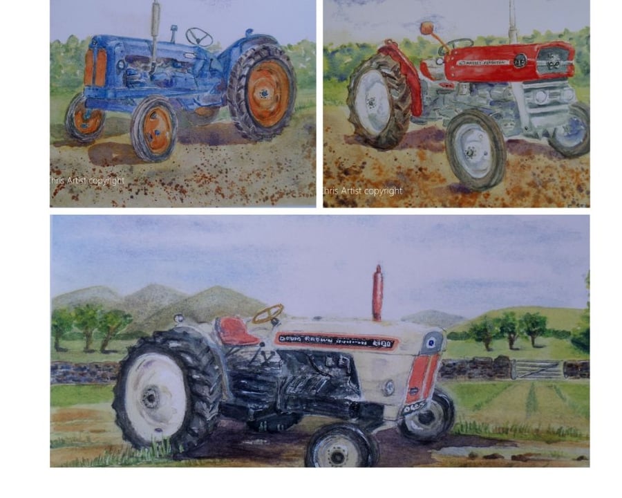 Set of three tractor art prints from original watercolour paintings