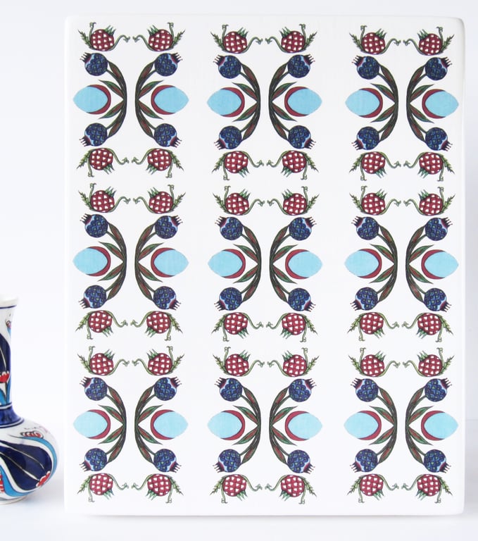 Ottoman Inspired Pomegranate Pattern Chunky Ceramic Wall Plaque Ready to Hang