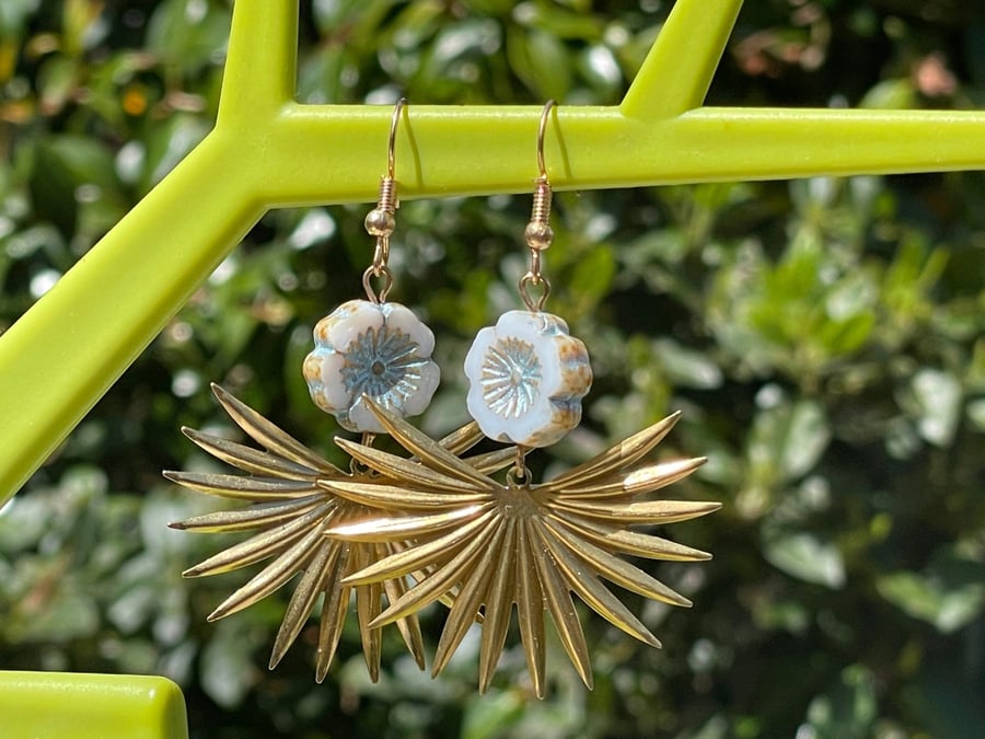 Sunburst earrings Czech glass floral brass bridal cool