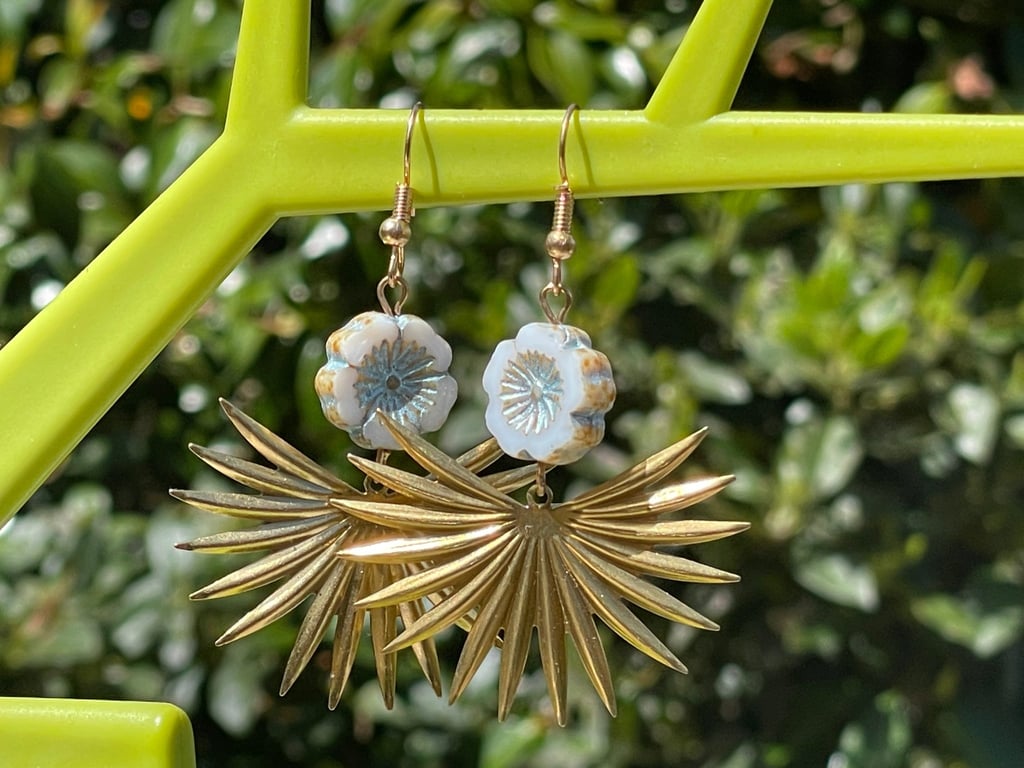 Sunburst earrings Czech glass floral brass bridal cool