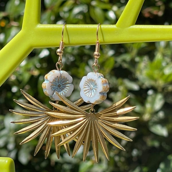 Sunburst earrings Czech glass floral brass bridal cool