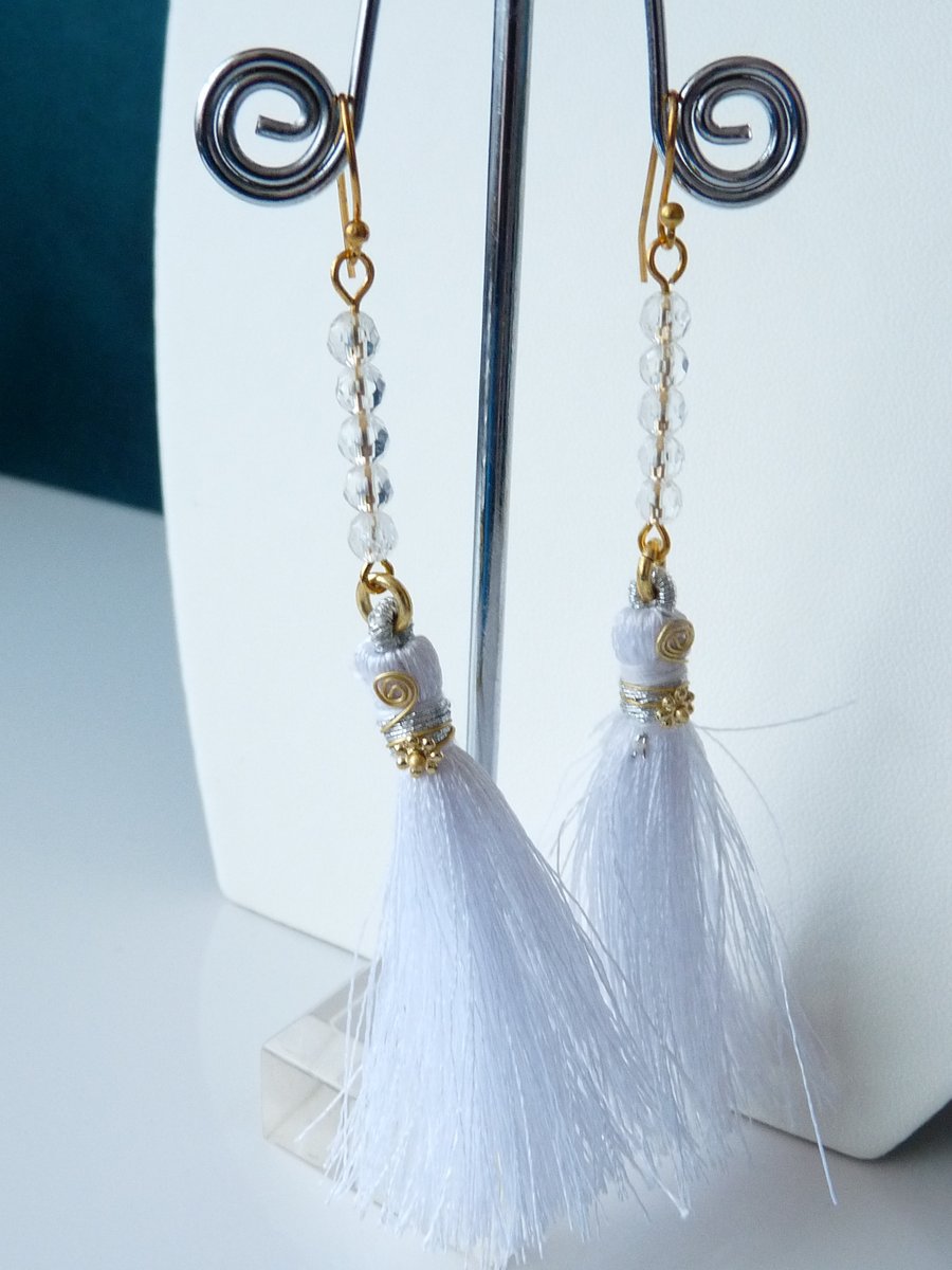 Clear Quartz and White Tassel Drop Earrings - Genuine Gemstone
