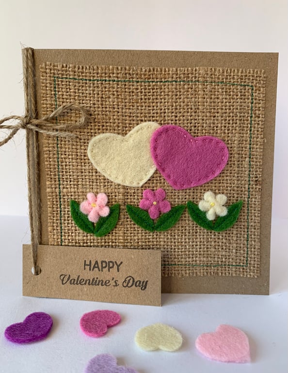 Handmade Valentines card. Hearts and flowers from wool felt. Keepsake card.