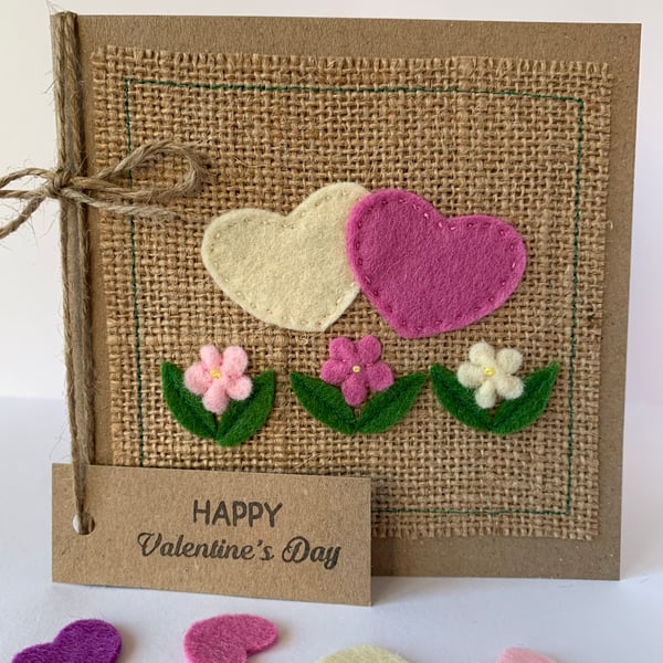 Handmade Valentines card. Hearts and flowers from wool felt. Keepsake card.