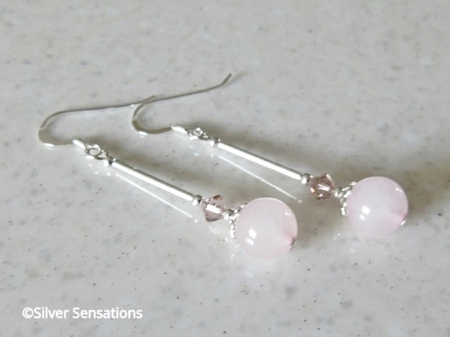 Pastel Pink Rose Quartz Earrings With Swarovski Crystals & Sterling Silver