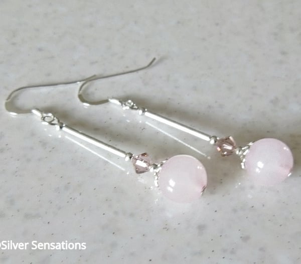 Pastel Pink Rose Quartz Earrings With Swarovski Crystals & Sterling Silver