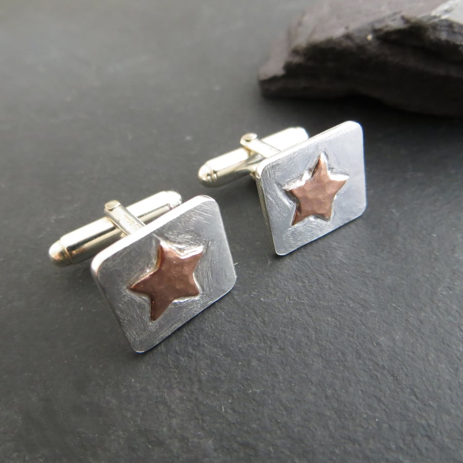 Silver and Copper Star Cufflinks, Hallmarked, Copper Anniversary Gift