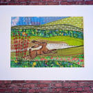 Textile unframed picture with hare in landscape 