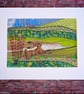 Textile unframed picture with hare in landscape 