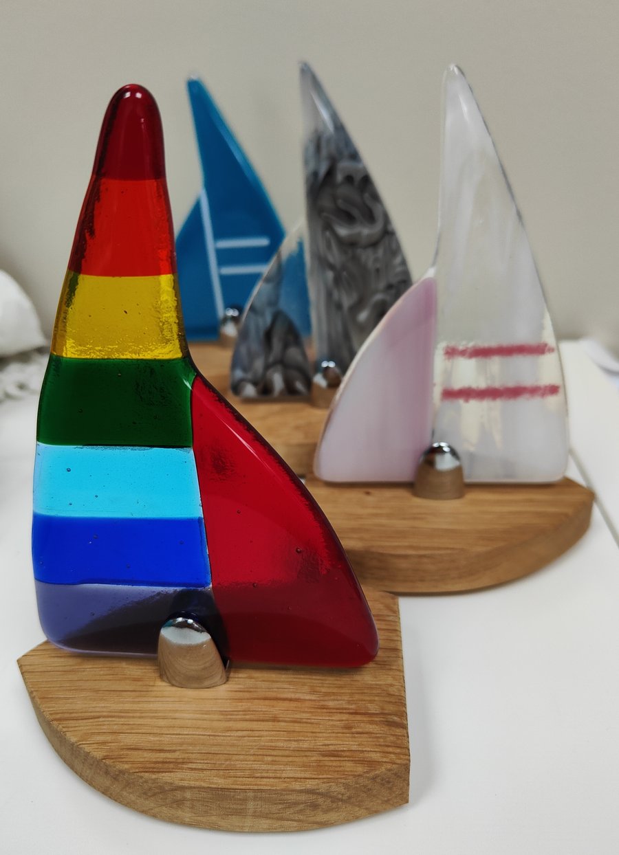 Fused glass ship on bespoke Cumbrian oak stand