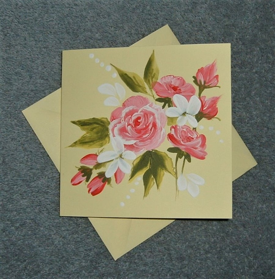hand painted roses blank greetings card ( ref F 244 )