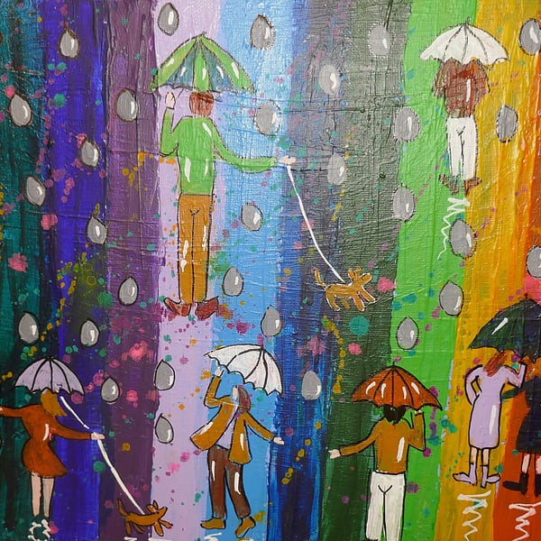 Large Raindrops falling on Colourful Umbrellas acrylic painting  11" x 16"