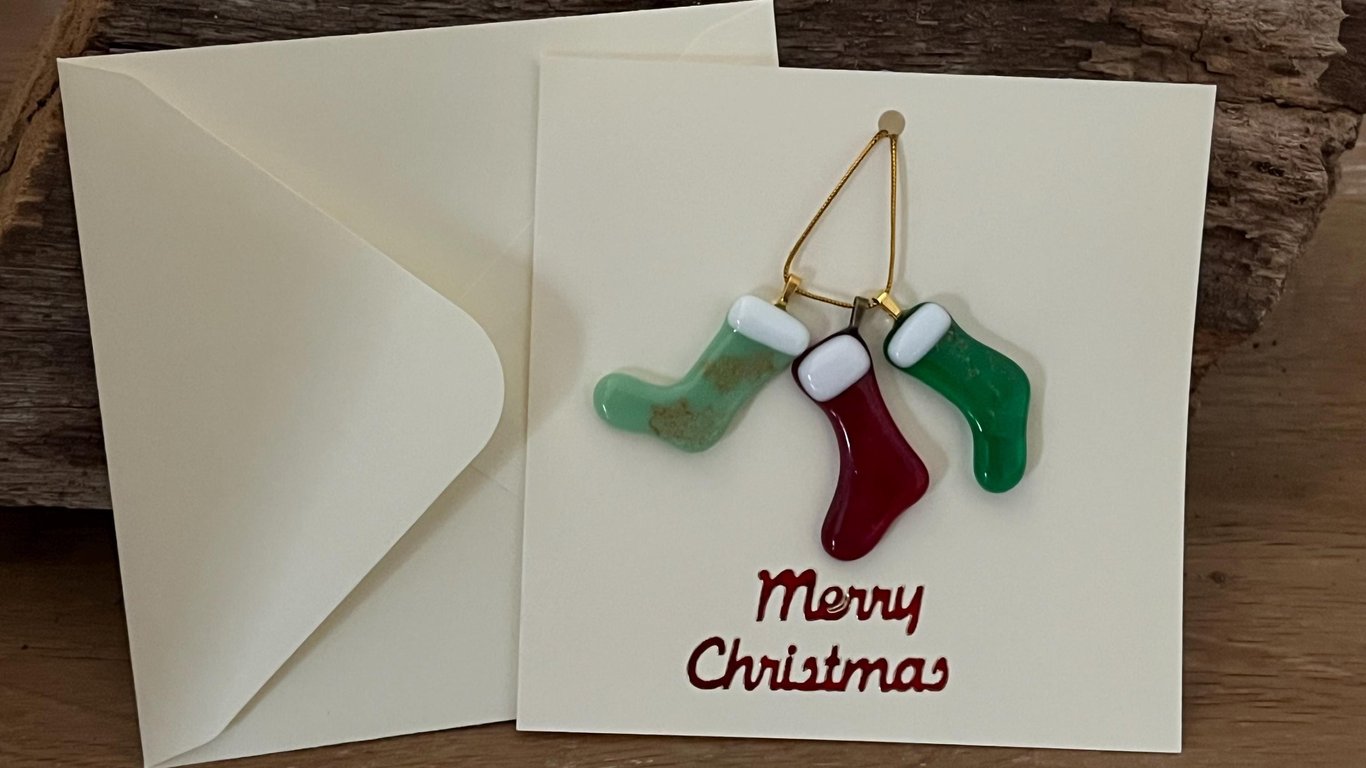 Unique Handcrafted Christmas Card with Artisan Fused Glass Stockings Tree Decor