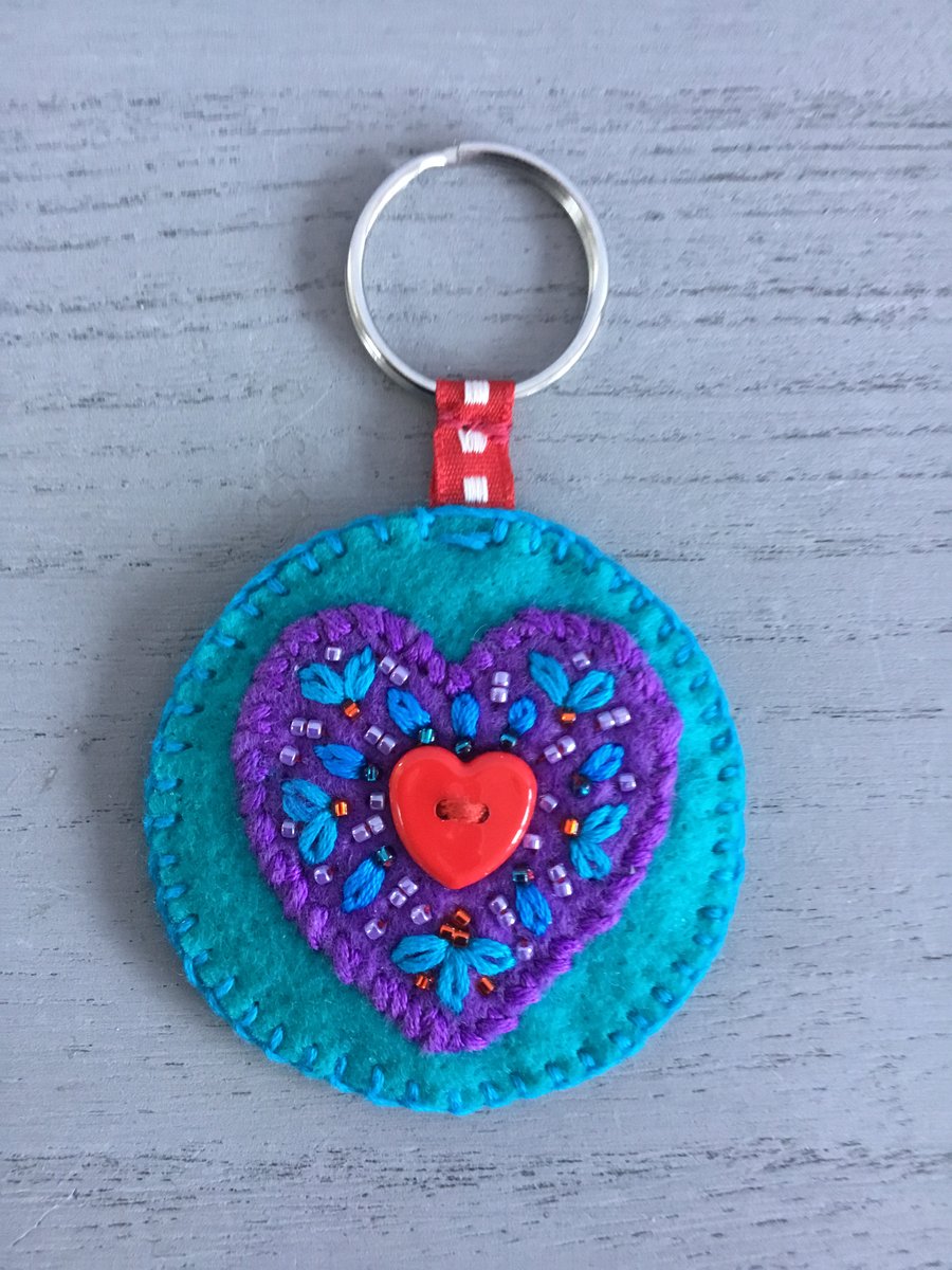 Hand Embroidered Heart Keyring or Bag Charm 