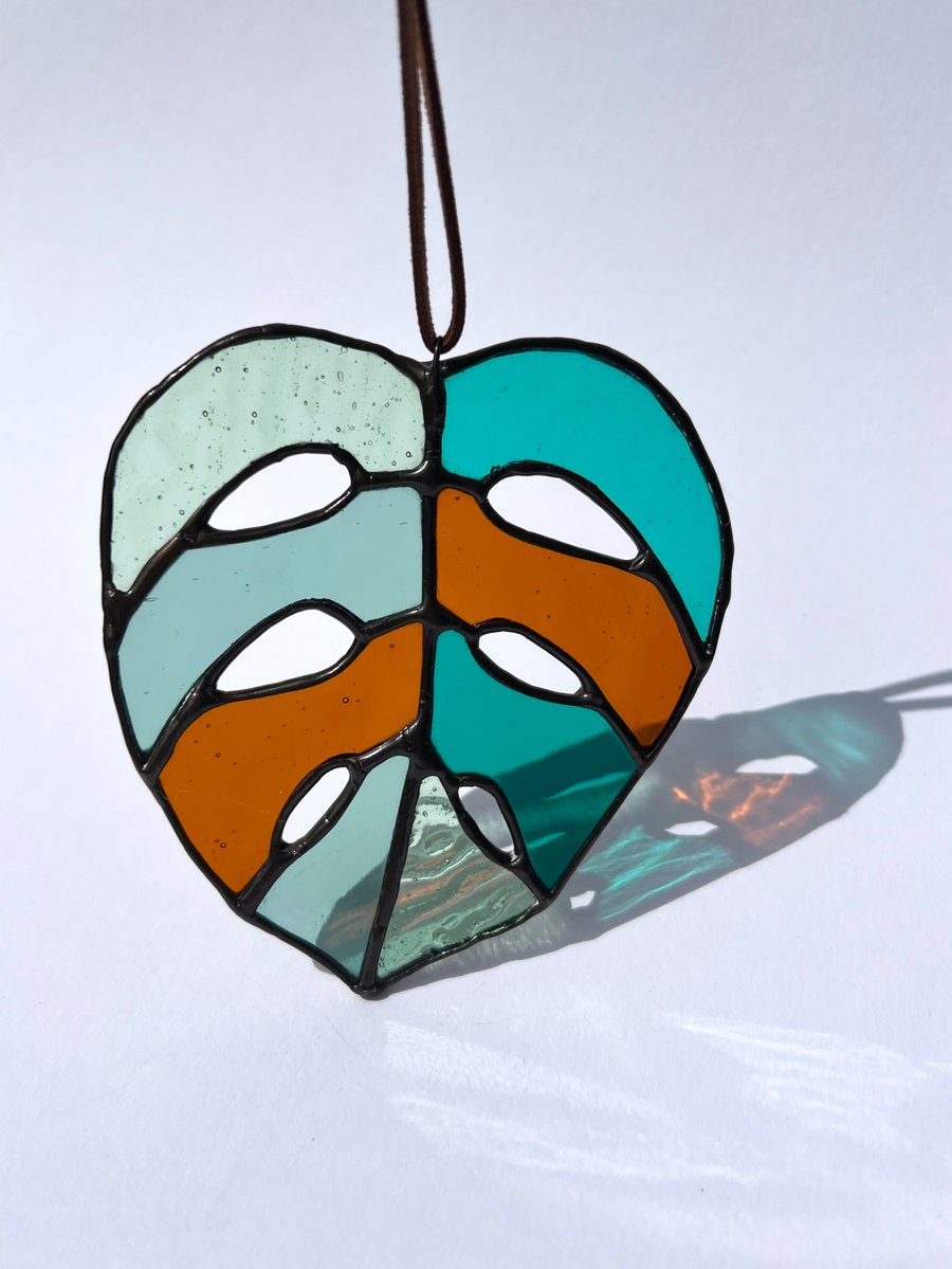 Monstera leaf stained glass suncatcher decoration - plant gift in teal and mint