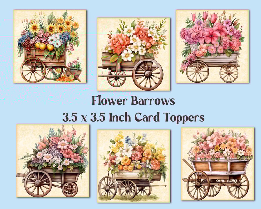 Flower Barrows Set of 6 Square Floral Card Toppers for Card Making, Tags etc.