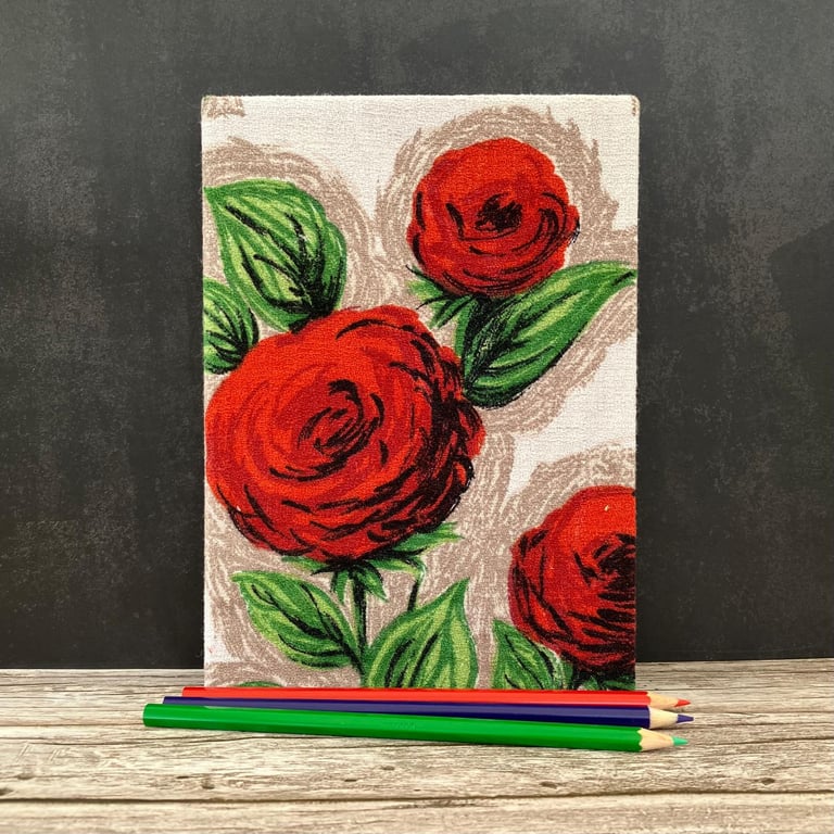 Handmade Hard Back A5 1950s Vintage Fabric Journal, Sketchbook, Red Roses - Red