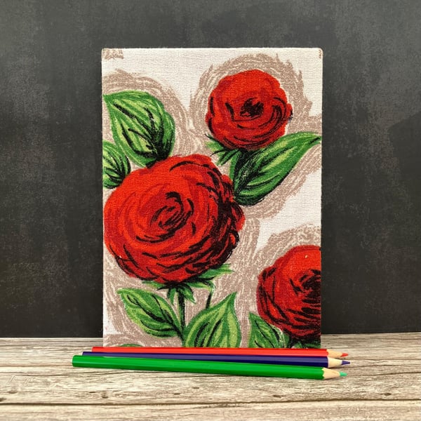 Handmade Hard Back A5 1950s Vintage Fabric Journal, Sketchbook, Red Roses - Red