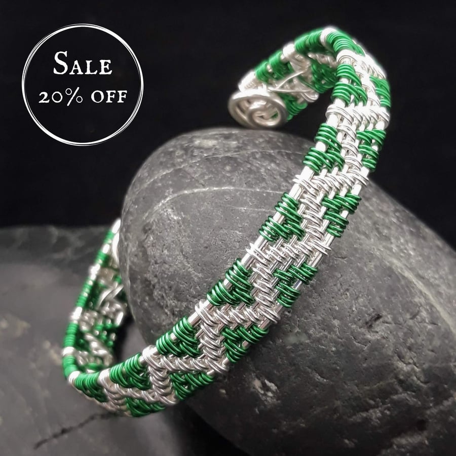 SALE - Wire Woven Zigzag Cuff Bracelet - Silver & Emerald Green
