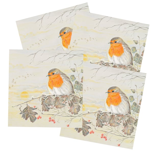 4 x Robin Christmas cards - Frosty Robin Art cards