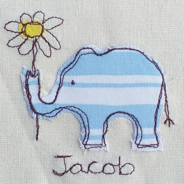 Personalised Embroidered Elephant New Baby Card