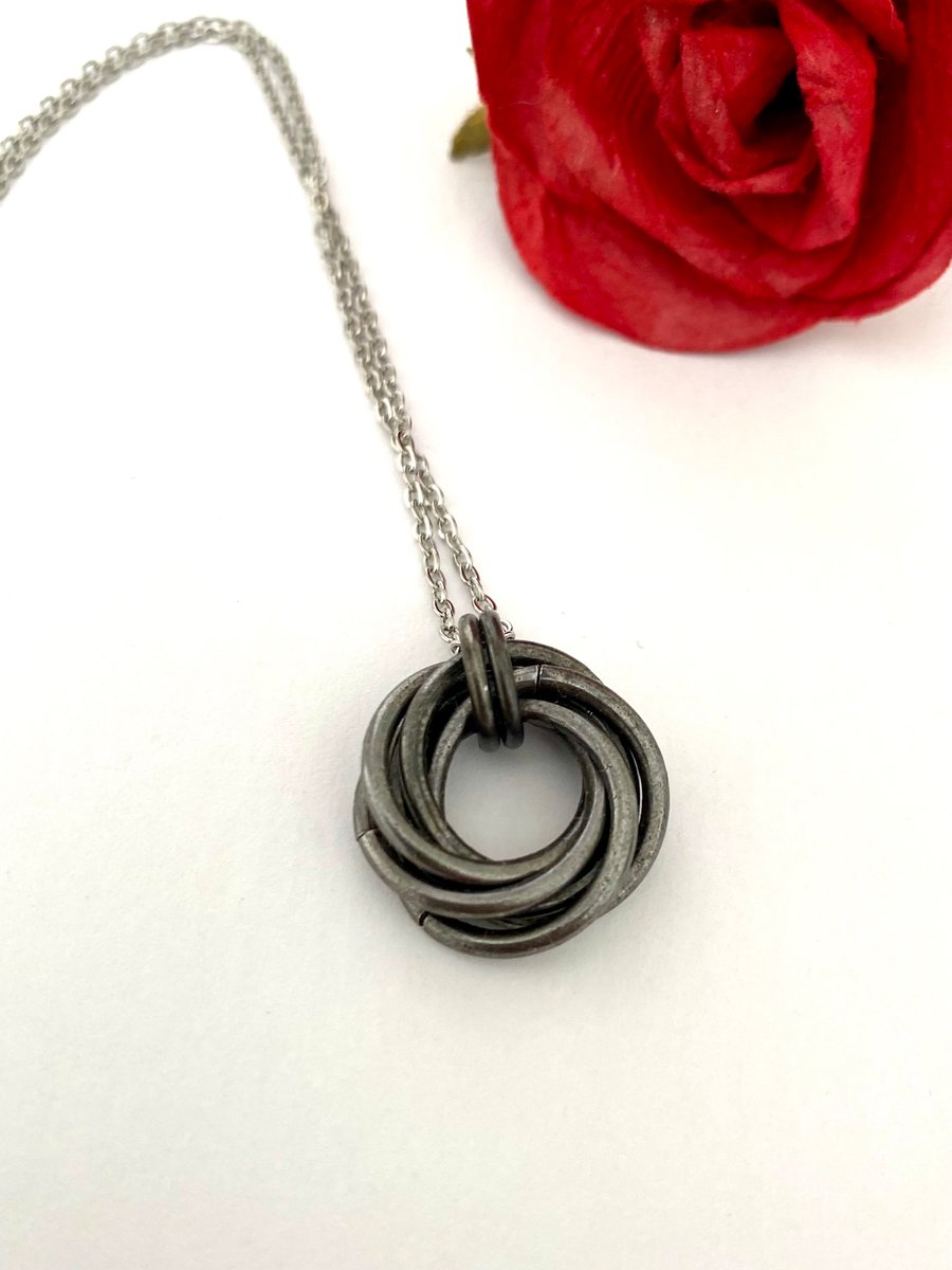 Antique Black Iron Hammered Six Ring Pendant Necklace for 6th Anniversary Gift.
