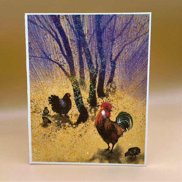 Mothers Day Card, Mother Hen, chicks and Rooster, 'Happy Mothers Day' message,