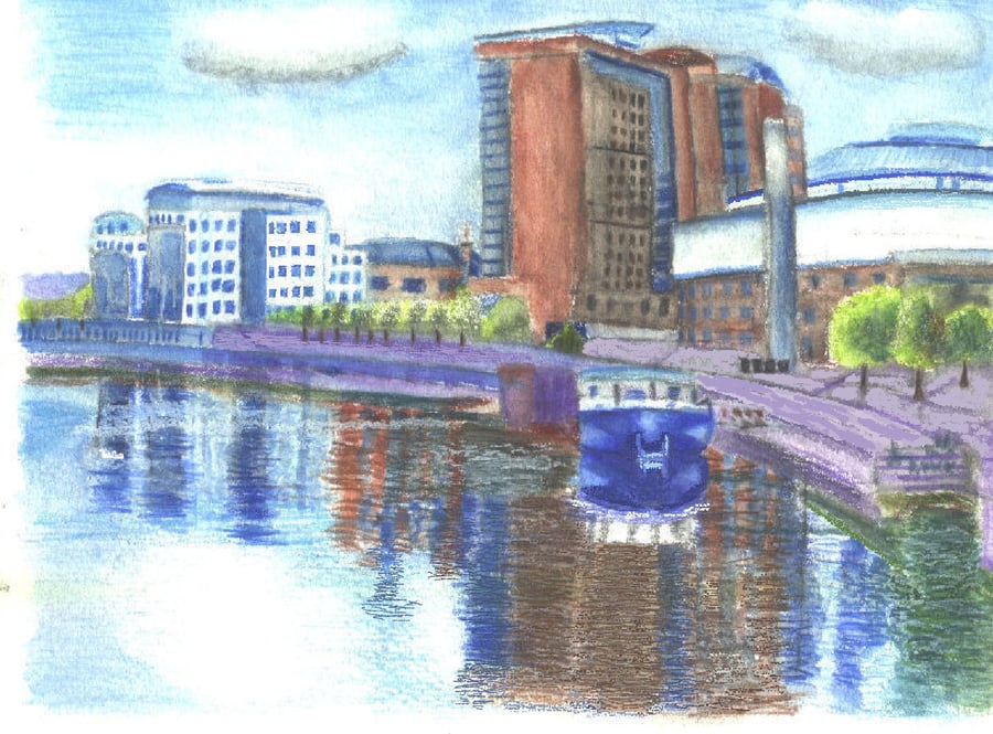 The Barge on Belfast Waterfront River Scene Watercolour Print