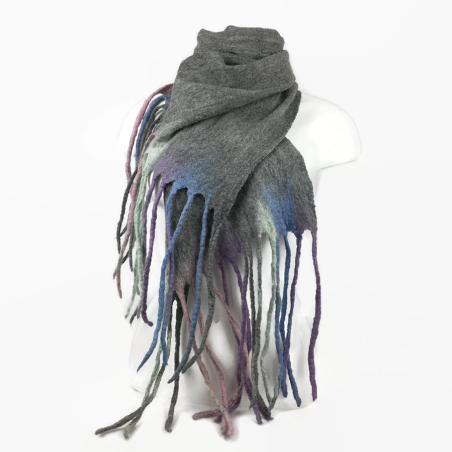 Grey merino wool felted long fashion scarf with pastel coloured tassels