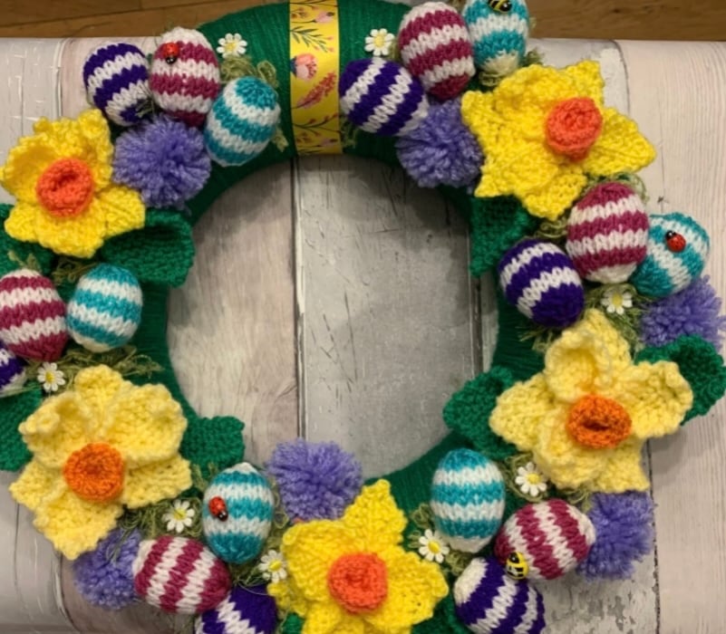 Handcrafted Easter wreath 13 .5 inches , knitted wreath 