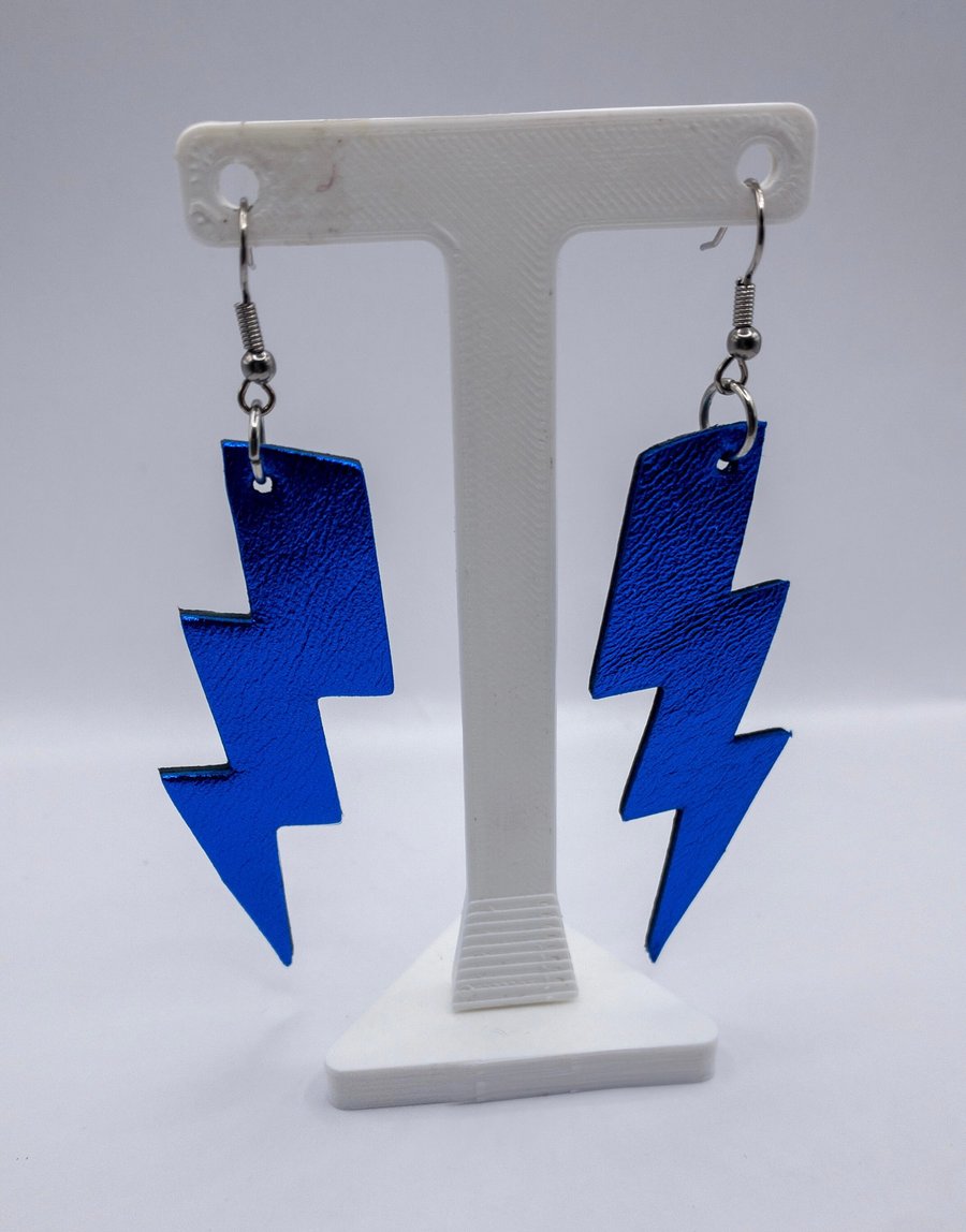 Electric blue Bowie lightening bolt earrings, handmade leather earrings