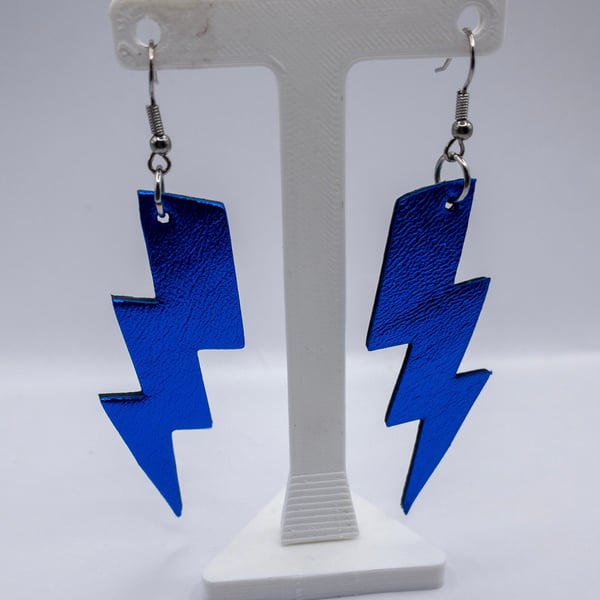 Electric blue Bowie lightening bolt earrings, handmade leather earrings
