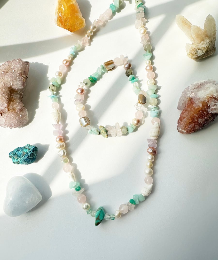 Crystal Pearl Gemstone Necklace & bracelet gift set, Larimar, Apatite,Turquoise,