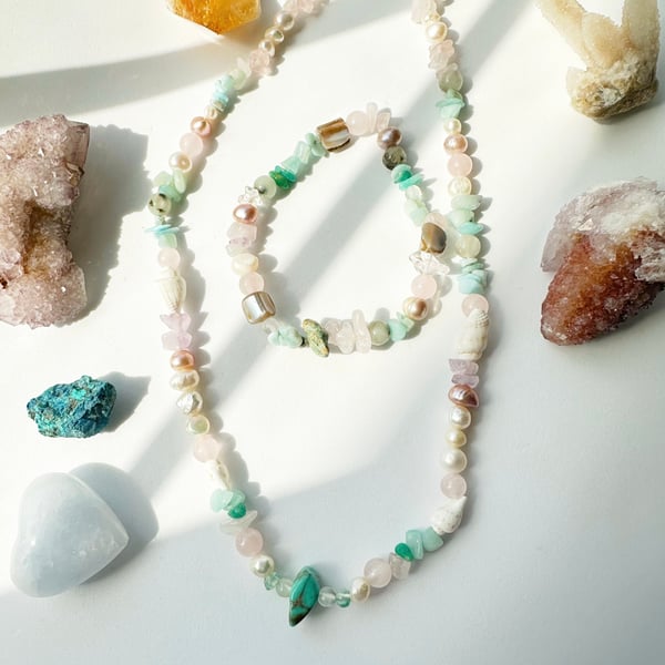 Crystal Pearl Gemstone Necklace & bracelet gift set, Larimar, Apatite,Turquoise,
